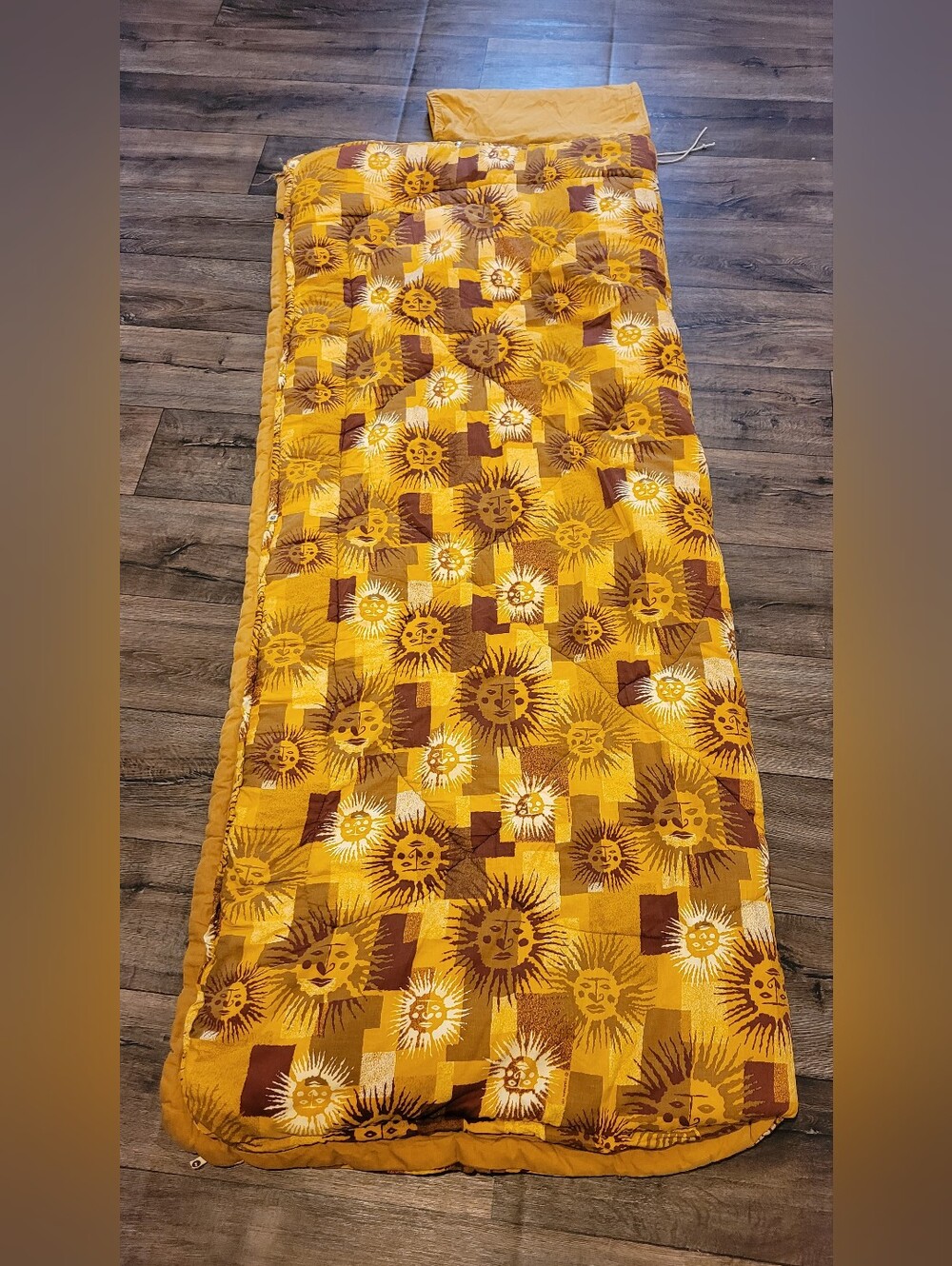 Vintage 1970s Coleman Mustard Canvas Sleeping Bag With Celestial Sun Print